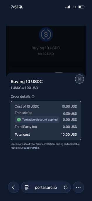 A mobile screenshot of a USDC purchase screen on portal.arc.io, showing an order for 10 USDC for 10.00 USD including a 0.30 USD Transak fee.