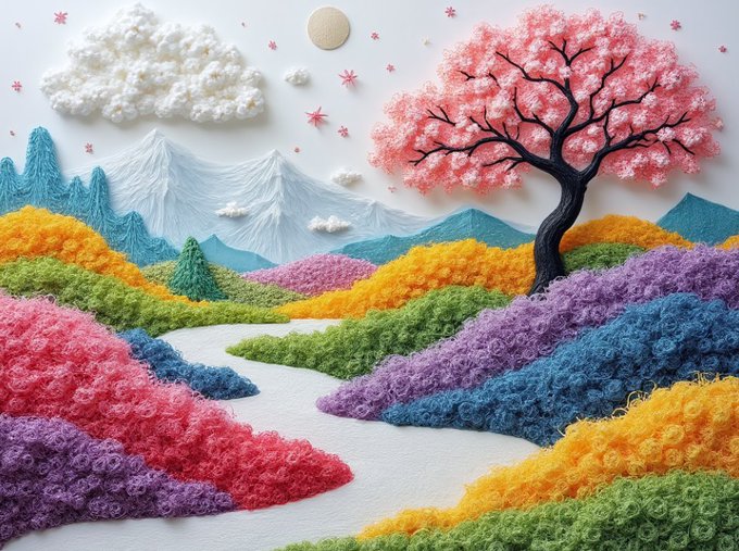 A colorful textile/fiber art landscape featuring fluffy yarn-like textures in vibrant rainbow colors forming hills, with a pink cherry blossom tree, white mountains, and a cloud on a white background.