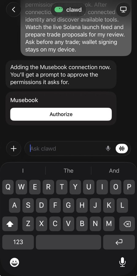A screenshot of a mobile chat interface with an AI assistant named 'clawd', showing a message about a Solana launch feed and an authorization prompt to connect 'Musebook'.