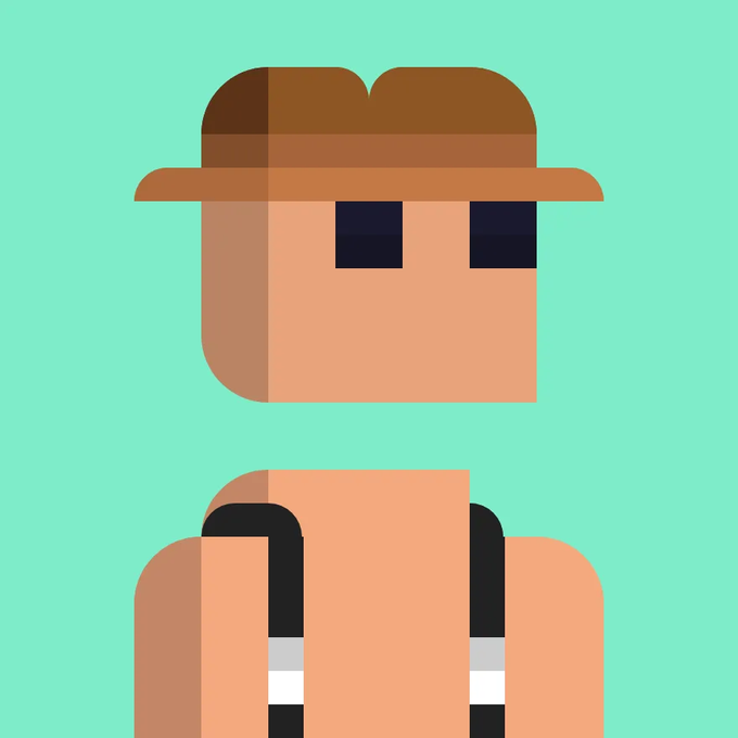 A minimalist flat-design illustration of a character wearing a brown hat, featuring simple geometric shapes with sunglasses and black suspenders against a mint green background. The image serves as the visual representation for the NFT "Funkers #230" by minimal vectors, minted on Transient Labs.