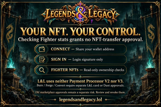 A promotional graphic for 'Legends & Legacy' NFT project stating 'YOUR NFT. YOUR CONTROL.' and explaining that checking Fighter stats grants no NFT-transfer approval.