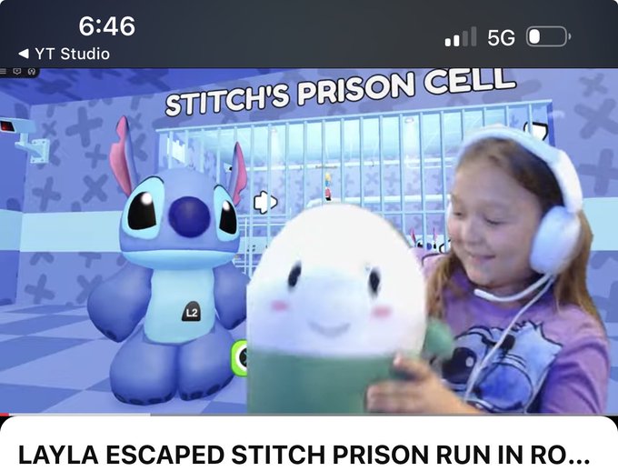 A screenshot of a YouTube Studio page at 6:46 on 5G, showing a video titled "STITCH'S PRISON CELL" with thumbnail featuring the character Stitch and a girl holding a stuffed chick toy, captioned "LAYLA ESCAPED STITCH PRISON RUN IN RO..."