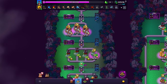 A screenshot of a mobile factory-building game showing conveyor belts producing resources, with resource counters displaying values like '2.56/m' and '2.42/m.'