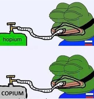 A two-panel meme showing the 'hopium' and 'copium' Pepe the Frog variants sniffing substances from cans labeled 'hopium' and 'COPIUM'.