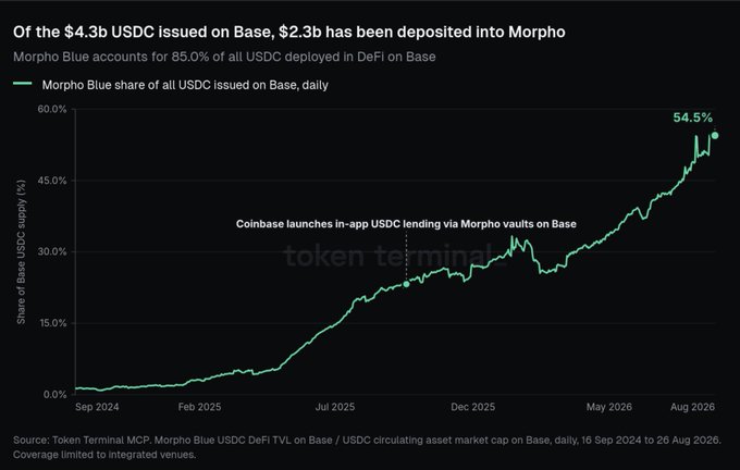 A line chart from Token Terminal showing that Morpho Blue accounts for 54.5% of USDC issued on Base, reaching over $4.3b USDC by August 2026.