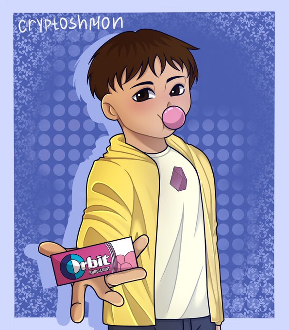 An anime-style illustration labeled 'Cryptoshmon' shows a brown-haired boy blowing a pink bubblegum bubble while holding a pink and blue container labeled 'orbit BUBBLEMINT'.
