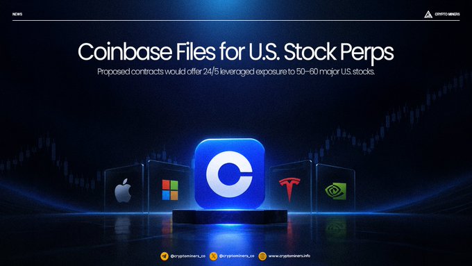 A news graphic titled 'Coinbase Files for U.S. Stock Perps' stating 'Proposed contracts would offer 24/5 leveraged exposure to 50-60 major U.S. stocks', featuring the Coinbase logo alongside Apple, Microsoft, Tesla, and NVIDIA logos.