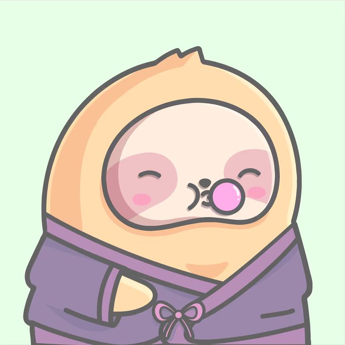 The image features a cartoon character dressed in a purple robe with a bow around its neck, wearing a hat that has a pink nose and mouth. The character appears to be in a playful mood as it holds a pink object (possibly a toy or a game) up to its face, seemingly about to blow out a bubble. The image is related to the post because it features an illustration of a cartoon character dressed like a person, which could be considered a form of digital art or a creative representation of a person in a playful manner.