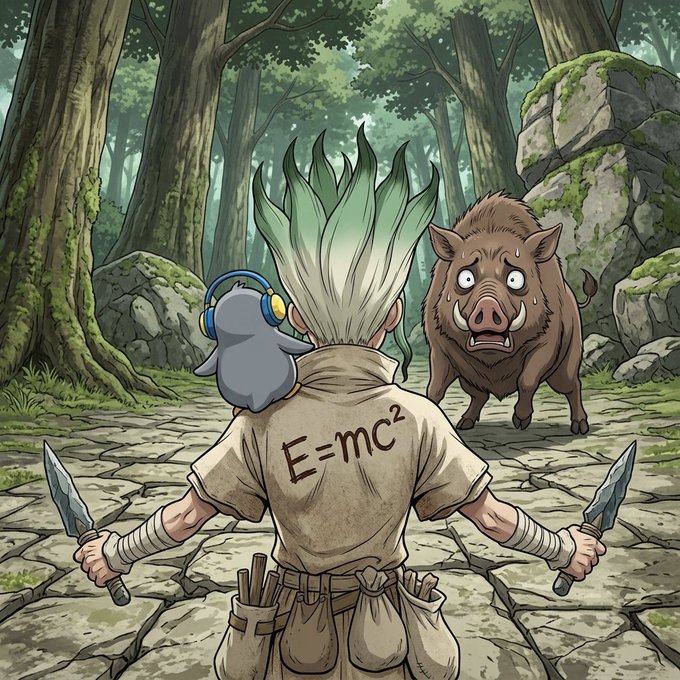 An anime-style illustration of a character with spiky green hair wearing a shirt labeled 'E=mc²', wielding two knives while facing a wild boar, with a small penguin wearing headphones perched on their shoulder.
