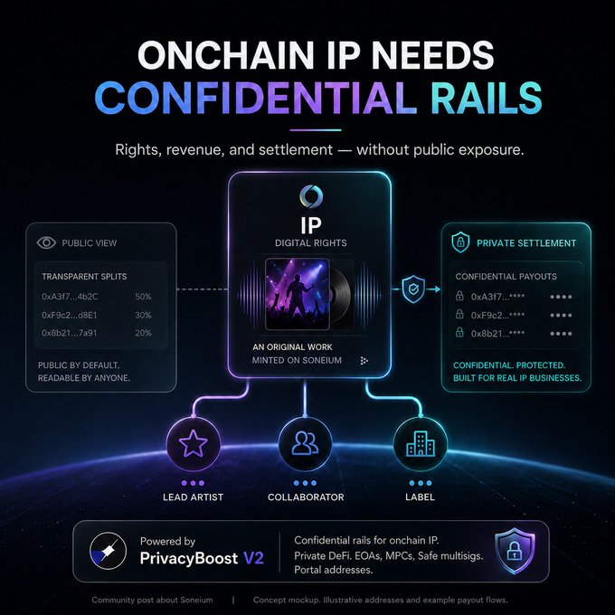 A promotional graphic reading “ONCHAIN IP NEEDS CONFIDENTIAL RAILS,” illustrating private digital-rights and payout systems for a lead artist, collaborator, and label, powered by PrivacyBoost V2.