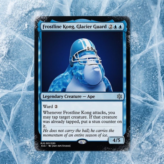 A custom Magic: The Gathering card titled 'Frostline Kong, Glacier Guard' featuring an ape in football gear, with stats 4/5 and abilities Ward 2 and tap/stun effects.