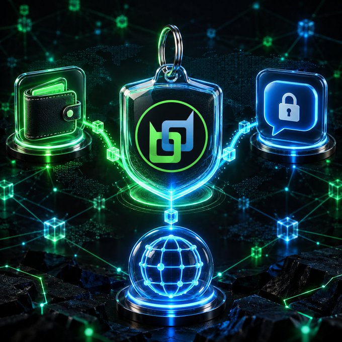 A futuristic crypto-themed graphic showing a central shield with a green logo connected to wallet and security icons on a digital network background.