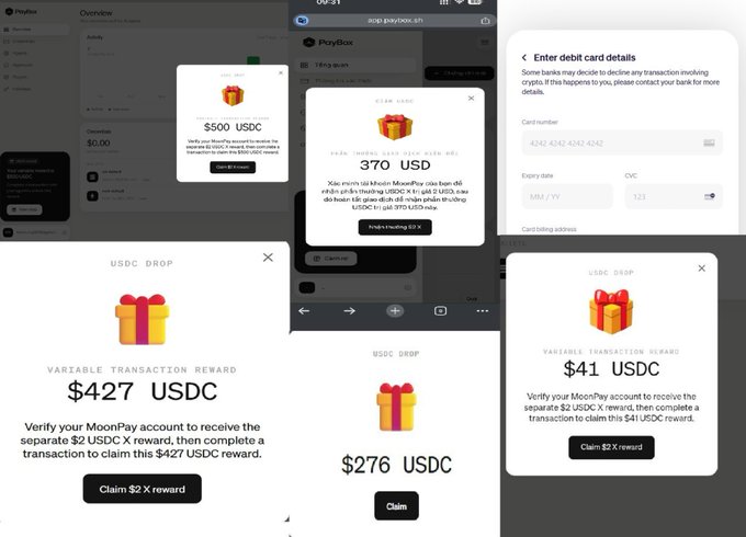 A collage of mobile screenshots from PayBox and MoonPay interfaces showing various USDC drop rewards ($500, $370, $427, $276, and $41 USDC) with 'Claim $X reward' buttons, plus a debit card details entry screen for entering card number, expiry date, CVC, and cardholder address.