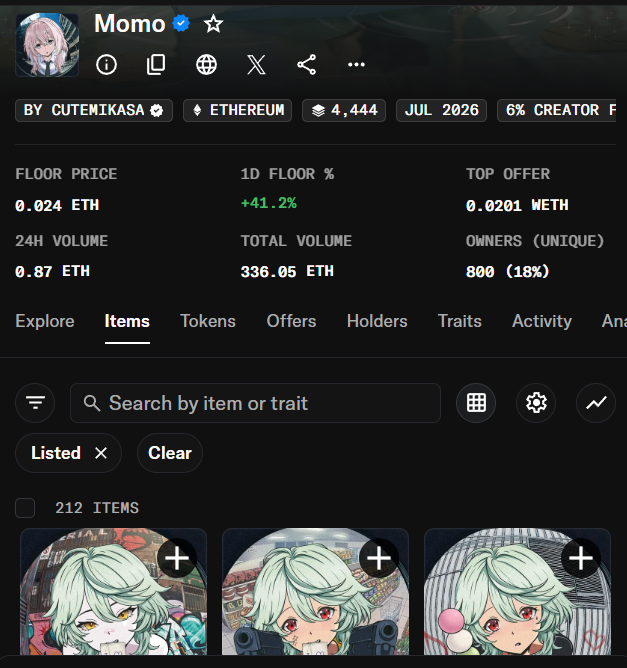 A mobile NFT marketplace screen showing a collection titled 'Momo' by cutemikasa on Ethereum, with a floor price of 0.024 ETH, 24H volume of 0.87 ETH, and 800 unique owners (18%).