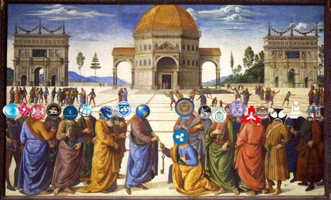 Pietro Perugino's Renaissance painting 'The Delivery of the Keys' altered to feature cryptocurrency logos like XRP and Ripple superimposed over the faces of the figures.