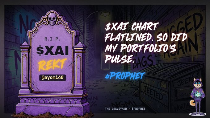 A graveyard-themed meme graphic showing a tombstone with '$XAI REKT' and '@ayomi40', alongside text reading '$XAI CHART FLATLINED. SO DID MY PORTFOLIO'S PULSE.' with the hashtag '#PROPHET' and a cartoon wolf mascot.