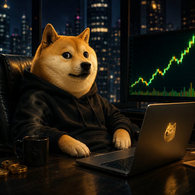An AI-generated image of a Shiba Inu dog wearing a black hoodie, sitting at a desk with a laptop (featuring a dog logo) and coffee mug, with stock charts on a monitor in the background.