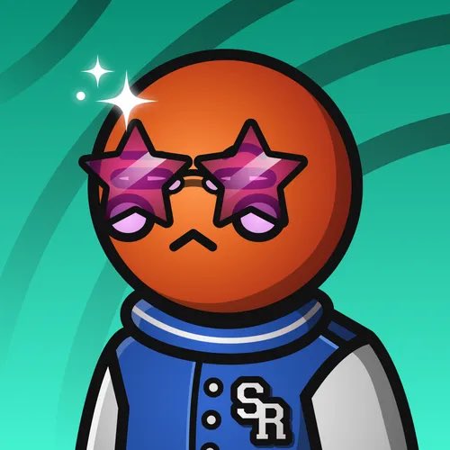 A cartoon orange character wearing a blue varsity jacket with the letters "SR" on it, featuring star-shaped purple sunglasses and a sparkle effect.