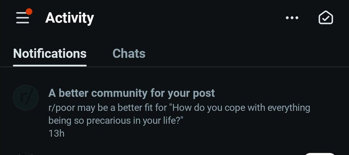 A Reddit Activity notifications screenshot showing a suggestion that "r/poor may be a better fit for 'How do you cope with everything being so precarious in your life?'" posted 13 hours ago.