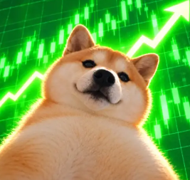 A Shiba Inu dog photoshopped onto a green stock chart background showing an upward trending arrow and candlestick patterns.