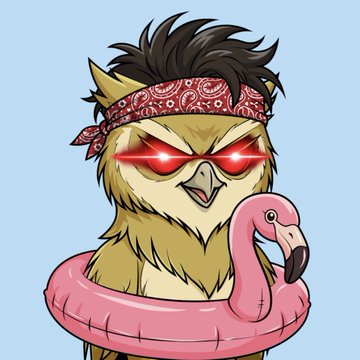 An illustrated bird-like character wears a red bandana and has glowing red eyes, holding a pink flamingo pool float.