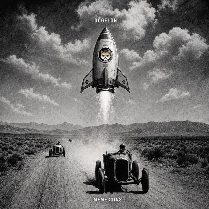 A vintage black-and-white scene shows a rocket emblazoned with Shiba Inu (Doge) logos and the text "DOGELON" blasting off from a desert road while antique race cars drive below, with "MEMECOINS" printed at the bottom—capturing Dogelon's literal upward escape from the meme coin race.