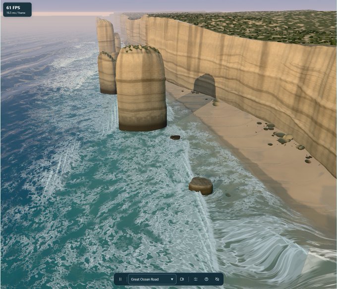 A 3D rendered coastal landscape showing tall tan cliffs and sea stacks meeting turquoise ocean waves, labeled 'Great Ocean Road' at the bottom.