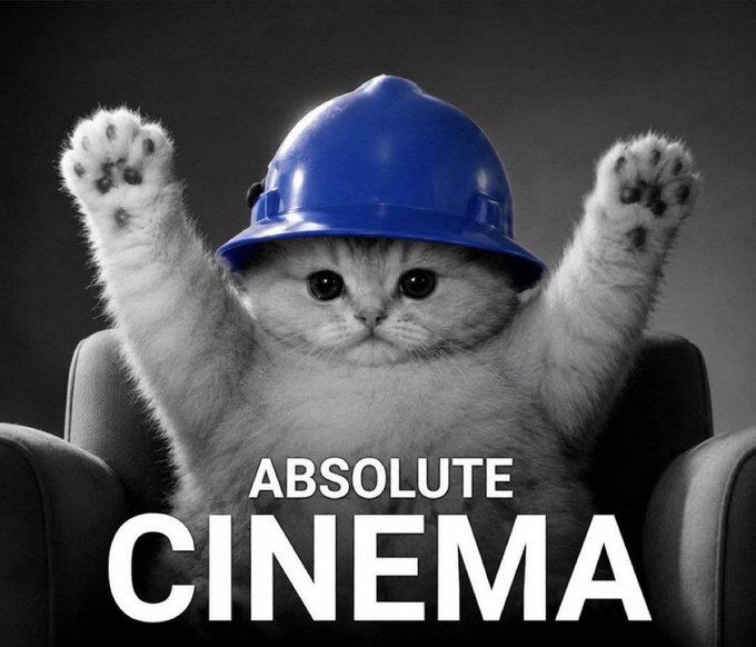 A meme image of a white cat wearing a blue hard hat with its paws raised, captioned with the text 'ABSOLUTE CINEMA'.