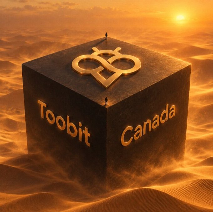 A stylized 3D rendering of a large dark cube in a desert landscape at sunset, featuring the "Toobit Canada" logo and text on its sides, with two small figures standing on its top edge.