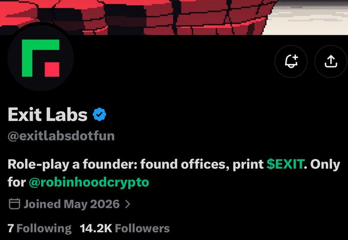 Twitter/X profile for 'Exit Labs' (@exitlabsdotfun), verified, with bio: 'Role-play a founder: found offices, print $EXIT. Only for @robinhoodcrypto', joined May 2026, 14.2K followers.