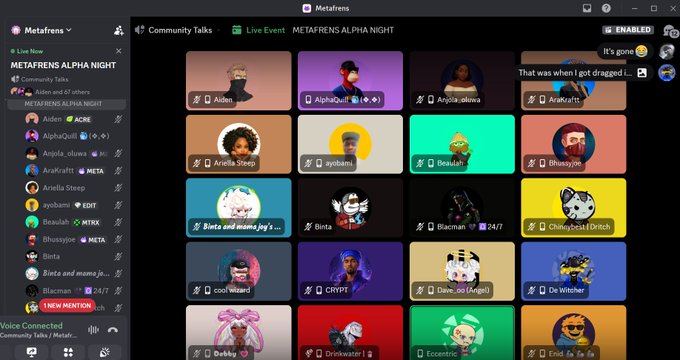 A Discord interface shows a "METAFRENS ALPHA NIGHT" voice channel in "Live Now" status with multiple users in a grid view, including avatars like "Aiden", "AlphaPutt", and "Angila_dluwa".