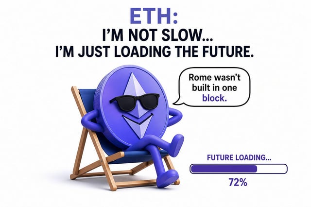A funny cartoon character, a blue elf sitting comfortably on an empty brown chair with sunglasses, as if he's not even wearing them, with an animated speech bubble above him that reads "I'm not slow... I'm just loading the future". In the background, there is white text that says "ETH; Stagnant but there'S still a future for ETH while others make new highs", which implies that despite the character's current situation of being in a chair with no one on it, he has something better to look forward to.