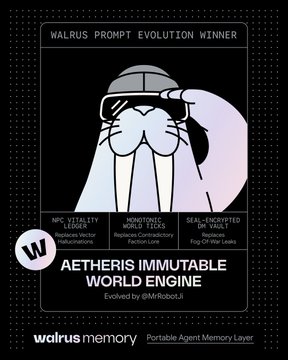A digital promotional card with a dark background features a stylized illustration of a walrus wearing VR goggles, titled 'AETHERIS IMMUTABLE WORLD ENGINE - Evolved by @MRoboJi' under the 'WALRUS PROMPT EVOLUTION WINNER' header.