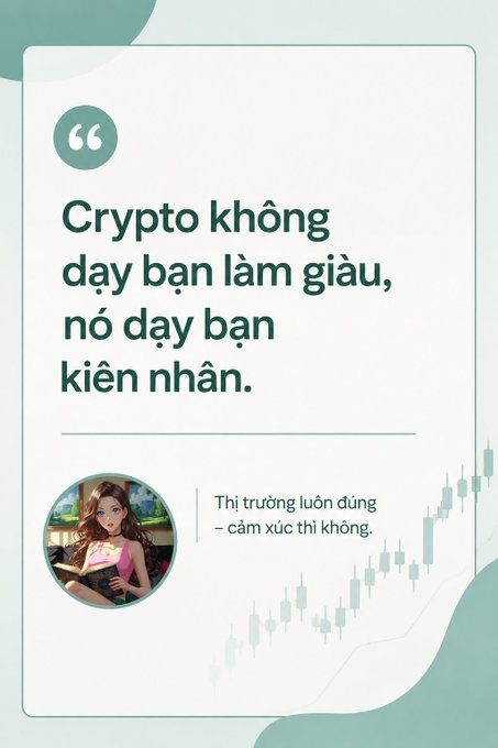 A teal-toned inspirational quote card features the Vietnamese text "Crypto không dạy bạn làm giàu, nó dạy bạn kiên nhẫn" (Crypto doesn't teach you to get rich, it teaches you patience) alongside an anime-style avatar and a faint candlestick chart background. The caption "Thị trường luôn đúng – cảm xúc thì không" (The market is always right – emotions are not) reinforces the post's message warning against emotional trading after seeing early crypto profits.