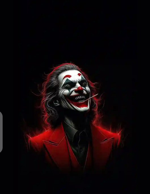 A dark, stylized digital portrait of the Joker with classic white face paint, a red nose, and a wide grin, wearing a red suit and smoking a cigarette.
