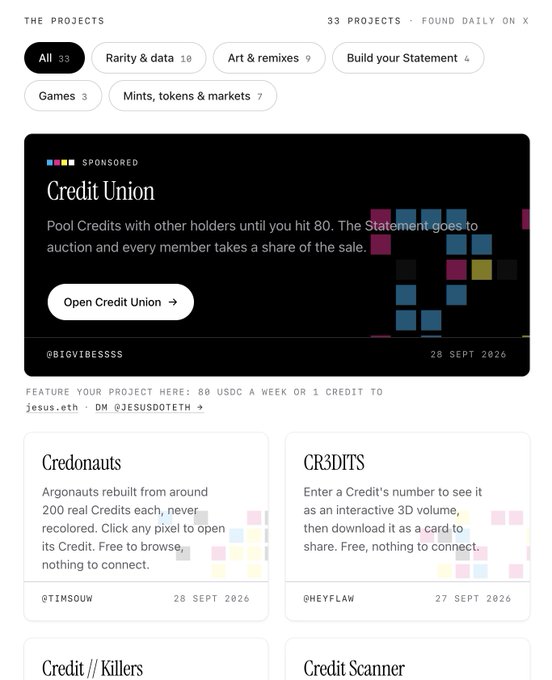 A screenshot of a webpage titled 'THE PROJECTS' showing 33 projects found daily on X, featuring a sponsored 'Credit Union' section by @BIGVIBESSSS and projects like 'Credonauts' by @TIMSOUW and 'CR3DITS' by @HEYFLAW.