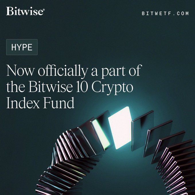 A Bitwise promotional image announcing that HYPE (Hyperliquid) is now officially part of the Bitwise 10 Crypto Index Fund (BITW), featuring the Bitwise logo, "HYPE" label, and the headline text over a glowing cube emerging from a curved arrangement of dark tiles on a teal background.