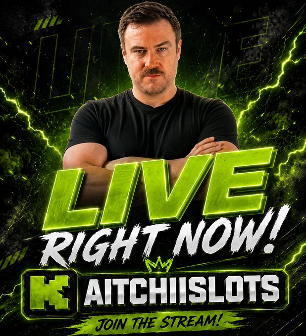 A promotional graphic shows a man with crossed arms against a green, electric-themed background with the text 'LIVE RIGHT NOW!', the WWE logo, and 'AITCHIISLOTS JOIN THE STREAM!'.