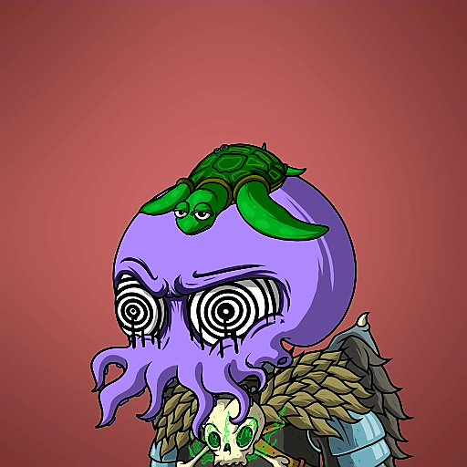 The image features a cartoon character with a purple head, wearing a brown outfit that includes a skull hat. The character has multiple eyes and a mouth, giving them a unique appearance. They are holding a turtle in their hand, which appears to be a green turtle with a shell patterned like a skull. The post also mentions the character's name as "PurpleHead" and another character's name as "quirkiesnft".