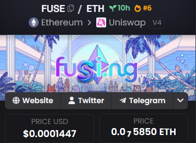 A cryptocurrency tracker screen for token 'FUSE / ETH' on Uniswap V4, showing a price of $0.0001447 or 0.00005850 ETH with a colorful 'fusing' banner image.