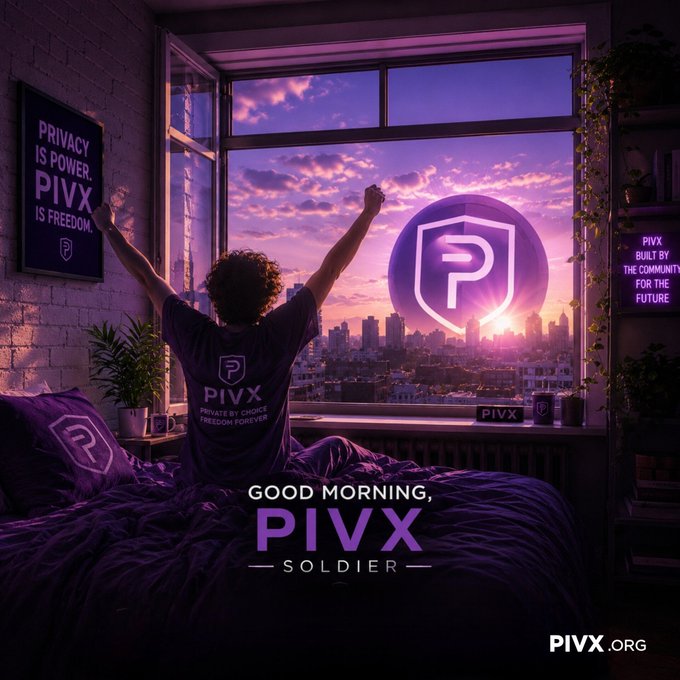 Artwork depicting a person in a PIVX-branded shirt stretching their arms in front of a window with a city view at sunrise, accompanied by the text 'GOOD MORNING, PIVX SOLDIER' and 'PRIVACY IS POWER. PIVX IS FREEDOM.'