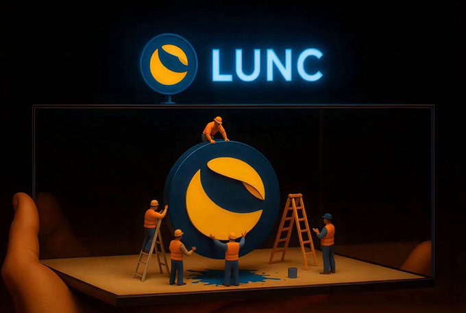 A hand holds an open book where miniature construction workers assemble the glowing LUNC logo, with one climbing atop the coin and others on ladders working around it. The illuminated "LUNC" text and logo above emphasize the ongoing construction and rebuilding narrative referenced in the post about the crypto's continued activity.