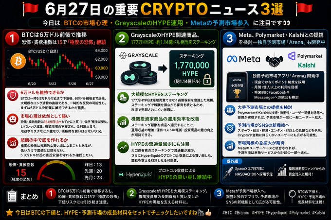 This image is a Japanese cryptocurrency news infographic dated June 27, highlighting three key crypto headlines: (1) Bitcoin hovering around $60K with the Fear & Greed Index at 15 ("extreme fear"), (2) Grayscale staking 1.77 million HYPE (~$114M) in its HYPE-related products, and (3) Meta's prediction market app "Arena" development utilizing Polymarket and Kalshi technology. The layout features a dark theme with the BTC/USD price chart, Grayscale HYPE staking details, and Meta's market entry information, accompanied by a sentiment gauge showing "15" (Extreme Fear) and hashtags including #BTC, #Bitcoin, #HYPE, and #Hyperliquid.