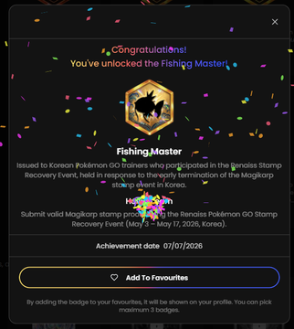 A Pokemon GO achievement notification congratulating the user on unlocking the 'Fishing Master' badge for participating in the Magikarp Stamp Recovery Event in Korea, dated 07/07/2026.