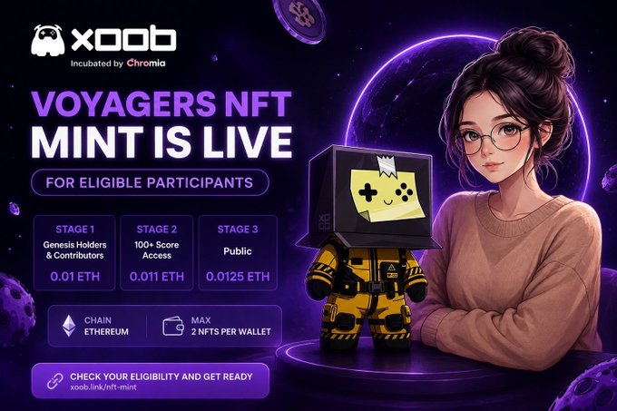An XOO8 promotional graphic announces "VOYAGERS NFT MINT IS LIVE" with tiered pricing (0.01 ETH, 0.011 ETH, 0.0125 ETH) and a character wearing a game controller helmet.