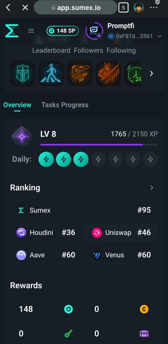 The image shows a phone screen displaying information about an app called @Sumex_Labs. The app has a leaderboard feature that allows users to track their daily progress, rank themselves or others, and see rewards for reaching milestones. The app is designed to be fun and rewarding, encouraging users to engage with it while exploring the world of crypto, AI, or leveling up in games.