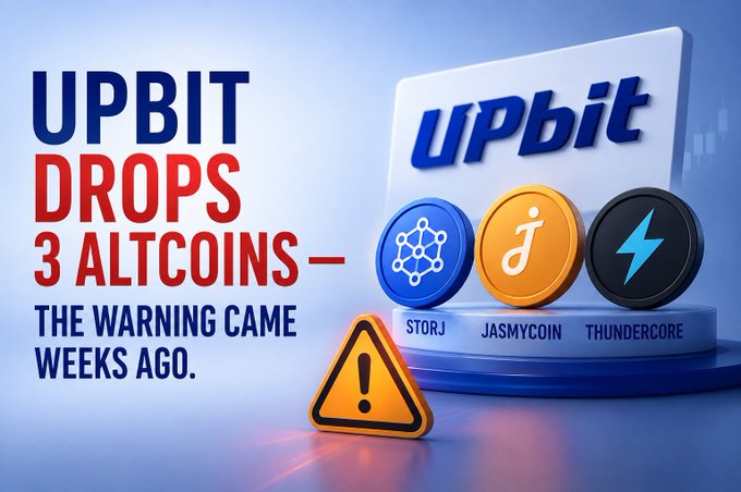 A crypto news graphic titled "UPBIT DROPS 3 ALTCOINS – THE WARNING CAME WEEKS AGO," showing coins labeled STORJ, JASMYCOIN, and THUNDERCORE with a warning sign.