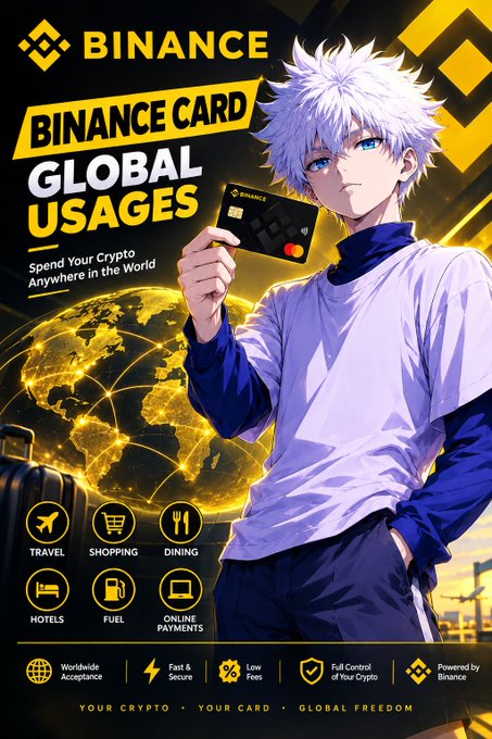 A Binance advertisement featuring an anime-style character holding a Binance Card, with text promoting 'Binance Card Global Usages' and icons for travel, shopping, dining, hotels, fuel, and online payments.