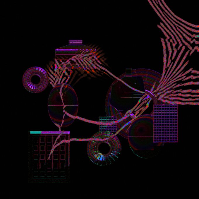 An abstract digital artwork featuring geometric shapes including circles and grids in pink and purple tones against a black background, with zebra-striped wing-like patterns.