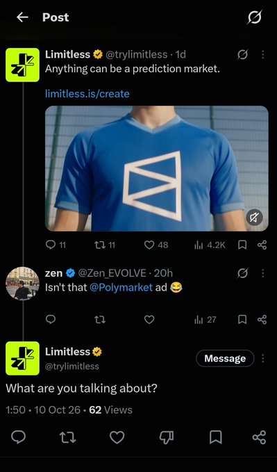A screenshot of a Twitter/X post from Limitless (@trylimitless) showing an image of someone in a blue shirt with a logo, captioned 'Anything can be a prediction market' with 4.2K views and 48 likes.